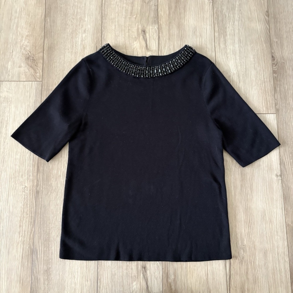 Talbots Black Jeweled Neckline Short Sleeve Knit Top‎ Rhinestone Sweater Large L